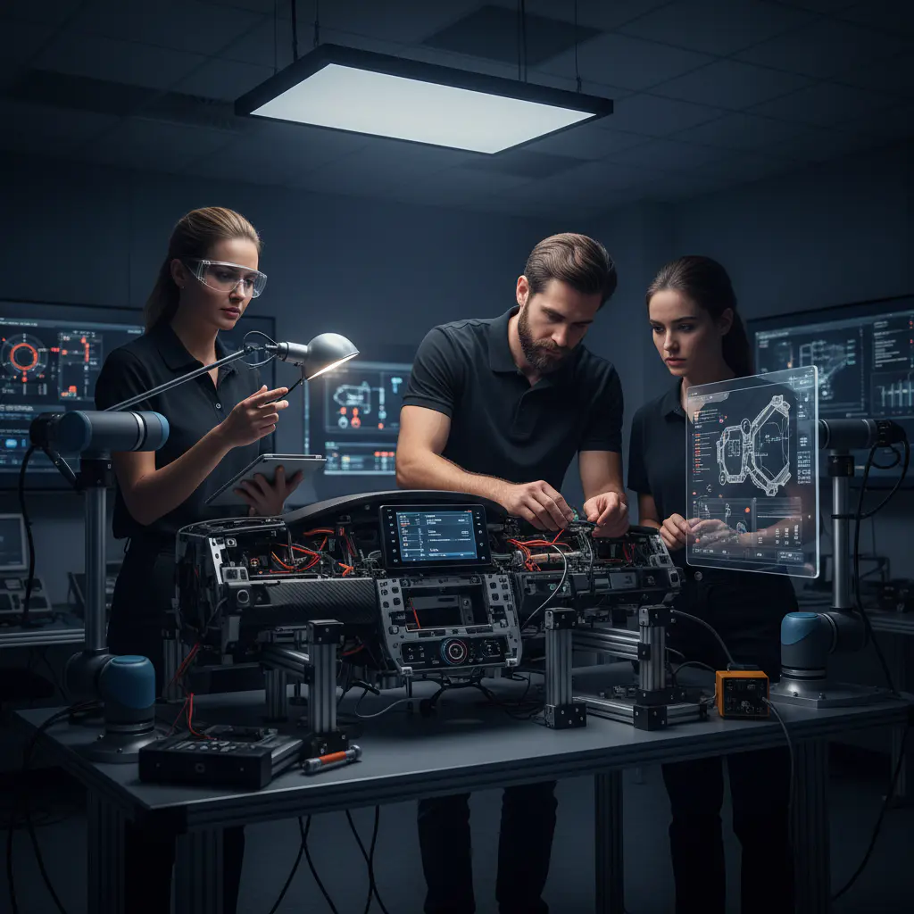 Engineers examining a dashboard setup