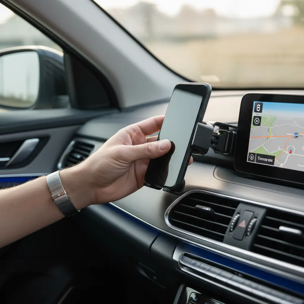 Hand effortlessly snapping phone onto vent mount