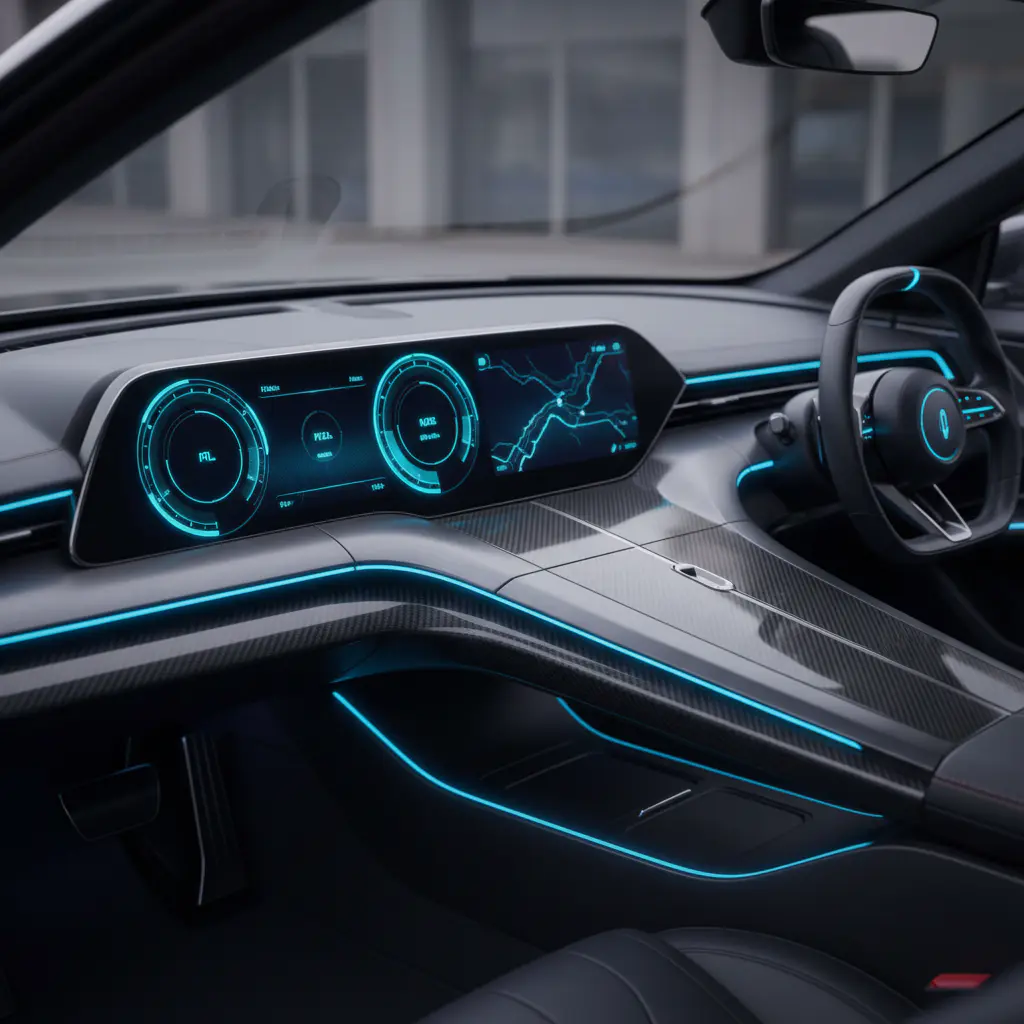 Sleek automotive dashboard with blue digital elements
