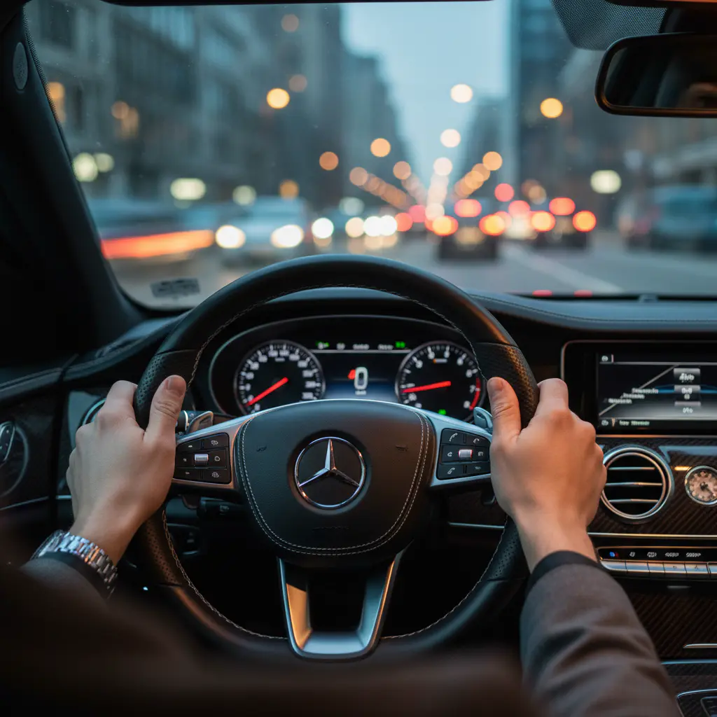 Driver with hands on steering wheel and clear view
